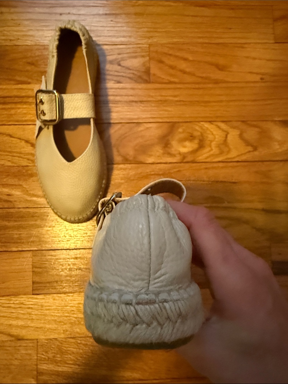 Cream Leather Mary Jane Espadrilles with Gold Buckle - Picture 3 of 7
